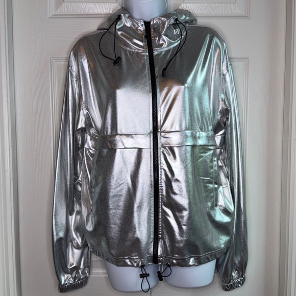ELLIE & KATE Zip Up Jacket Hoodie Silver Metallic Black Zipper Pockets Shiny S - Picture 2 of 16